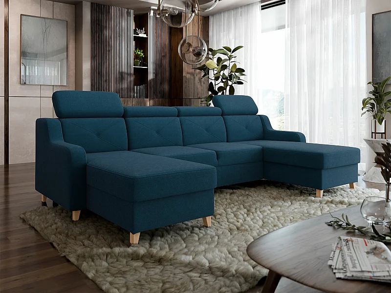 Sofá rinconero Temple 129, Azul, Función de descanso, Almacenaje, 286x165x82cm