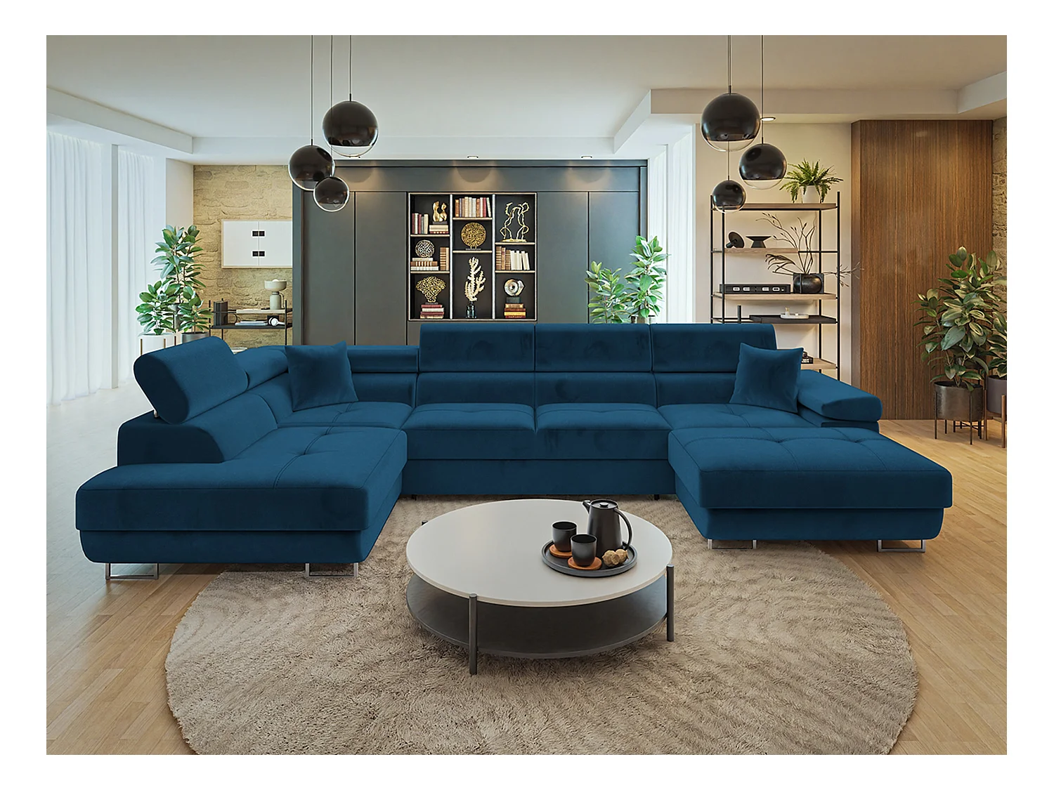 Canapé d'angle Comfivo Eliferu 103, Bleu, Fonction de couchage, Boîte de literie, 346cm