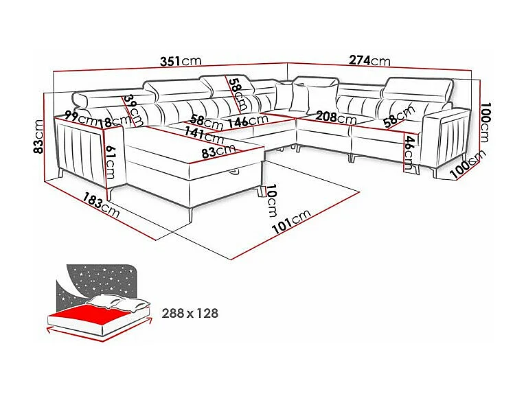 Canapé d'angle Sarasota 157, Bleu, Disponible, 351x274x83cm