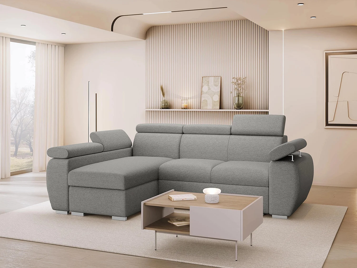 Canapé d'angle Columbus 132, Gris clair, Disponible, 255x170x85cm
