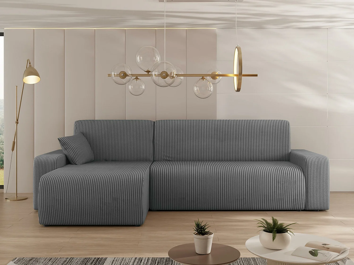 Sofá rinconero Shelton 102, Gris, Función de descanso, Almacenaje, 244x145x82cm