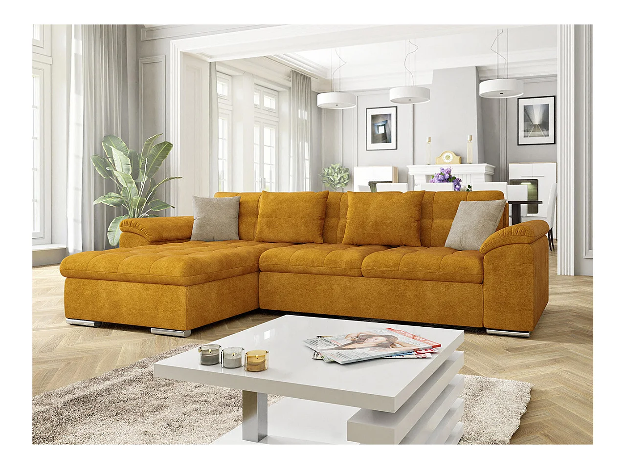 Canapé d'angle Comfivo 107, Jaune, Fonction de couchage, Boîte de literie, 280x160x76cm