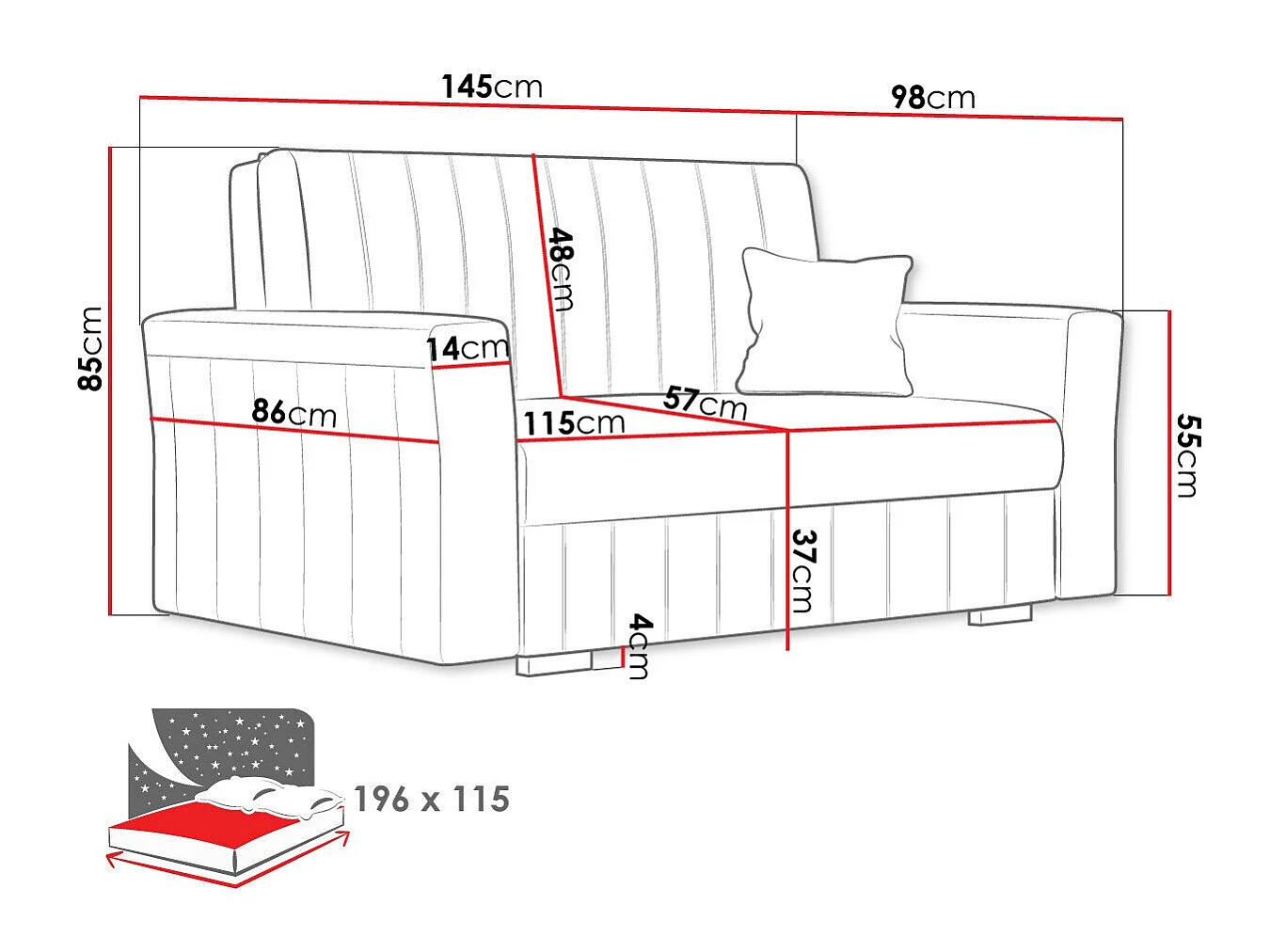 Sofá cama Orinen II, Almacenaje, 85x145x98cm, Muebles ya montados