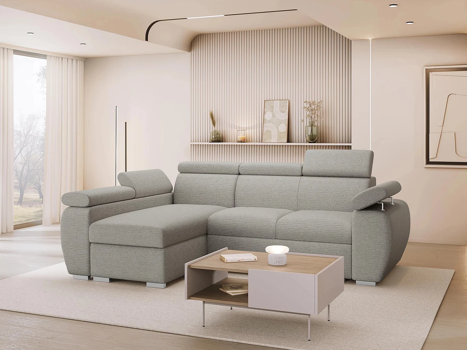 Canapé d'angle Columbus 132, Gris clair, Disponible, 255x170x85cm