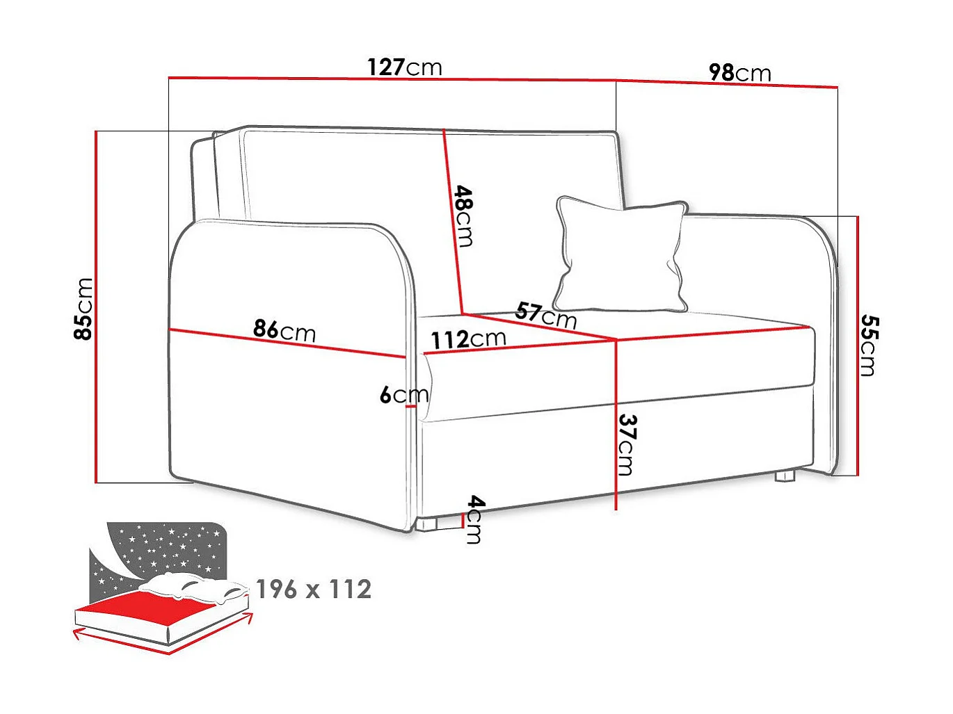 Sofá-cama Columbus 124, Almacenaje, 85x127x98cm, Muebles ya montados