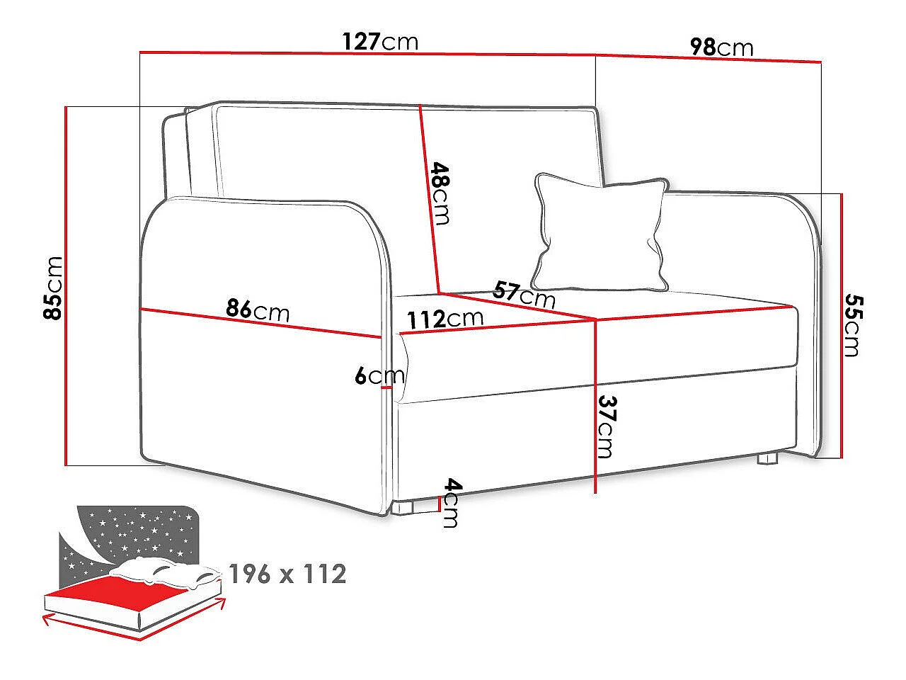 Sofá cama Lirael II, Almacenaje, 85x127x98cm, Muebles ya montados