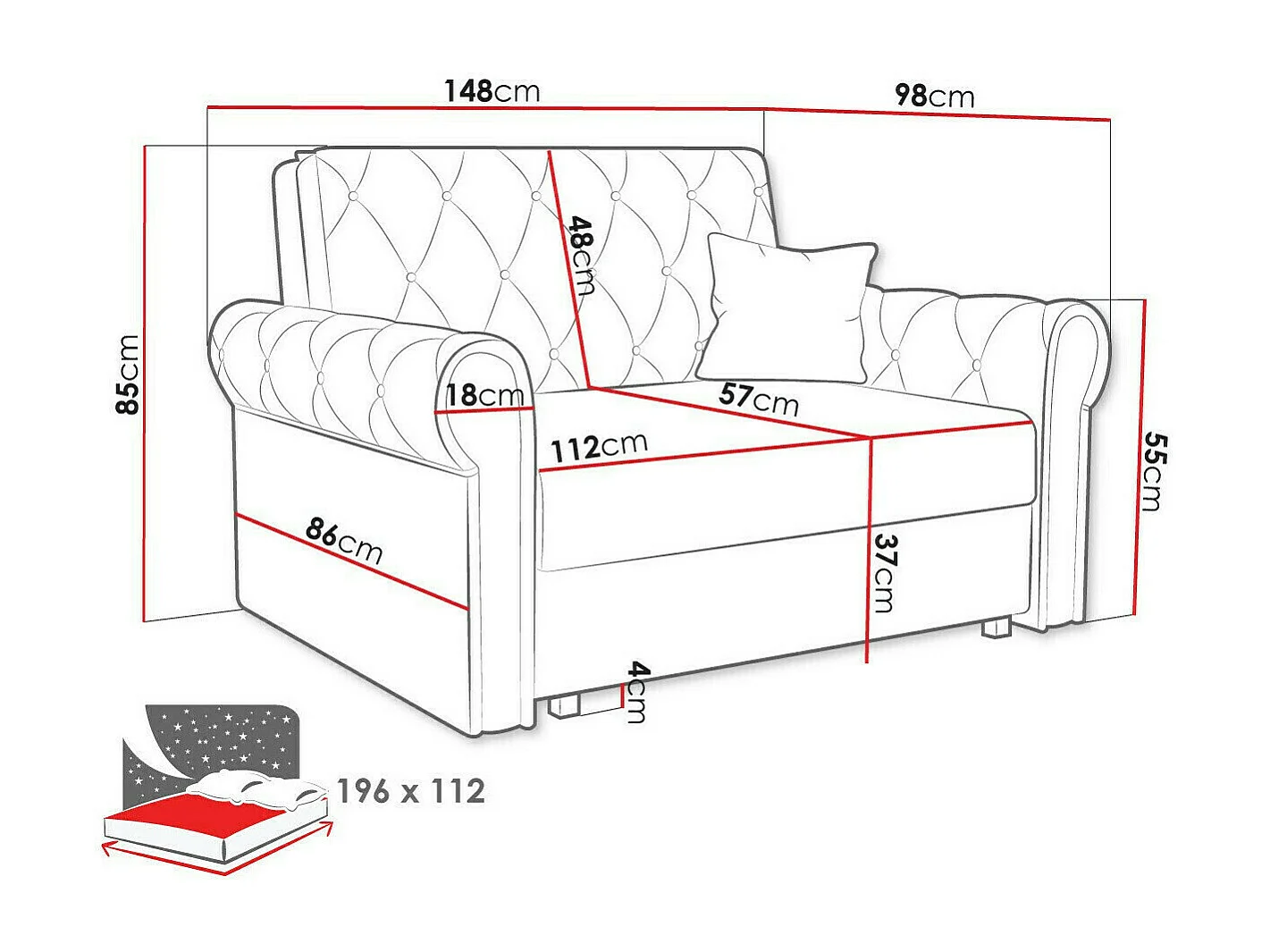 Sofá-cama Columbus 199, Almacenaje, 85x148x98cm, Muebles ya montados