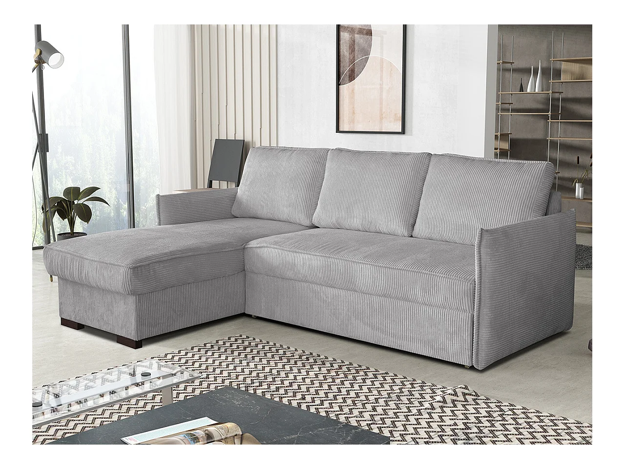 Canapé d'angle Columbus 208, Gris, Fonction de couchage, Boîte de literie, 220x160x90cm