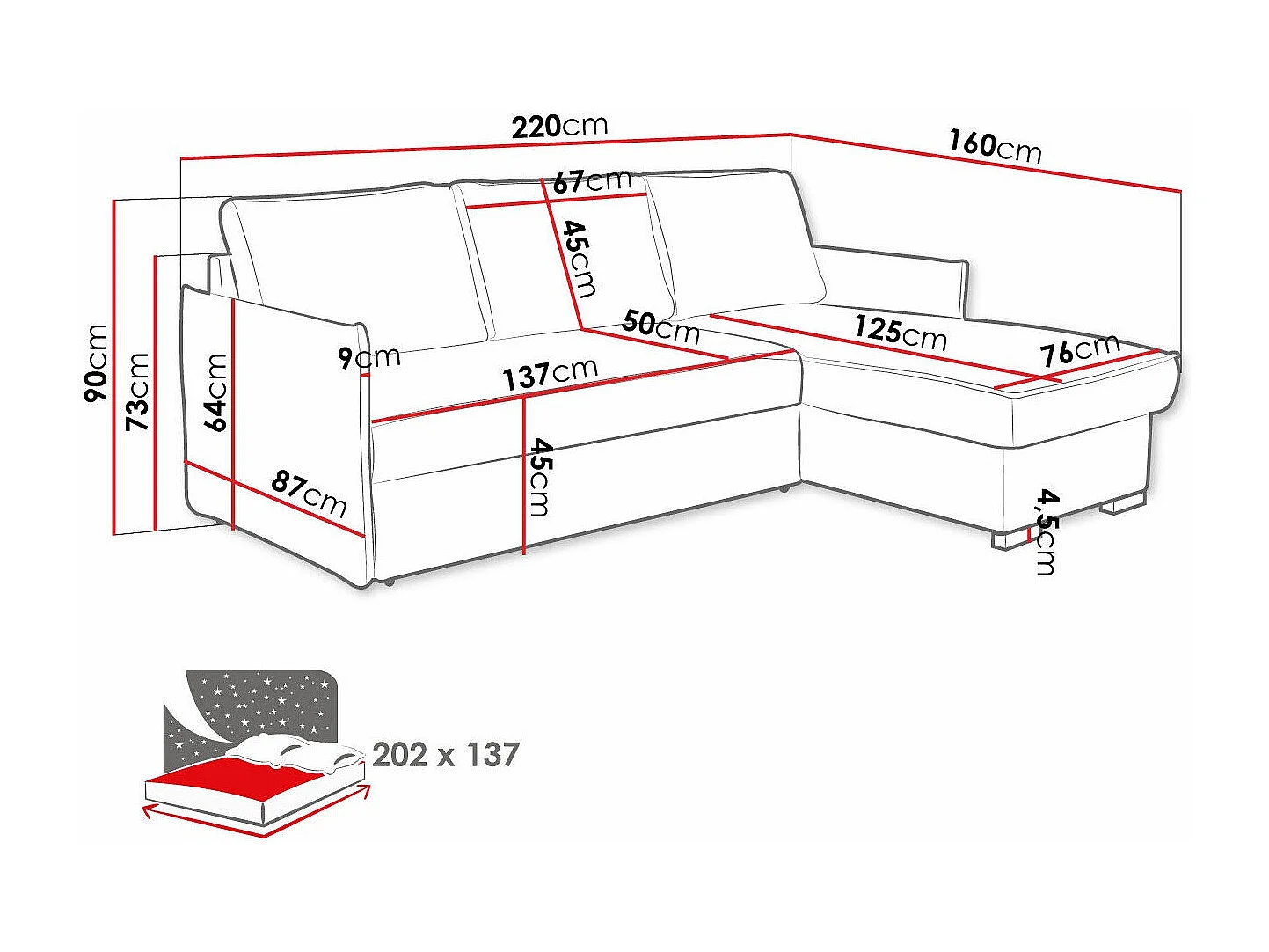 Canapé d'angle Columbus 208, Gris, Disponible, 220x160x90cm