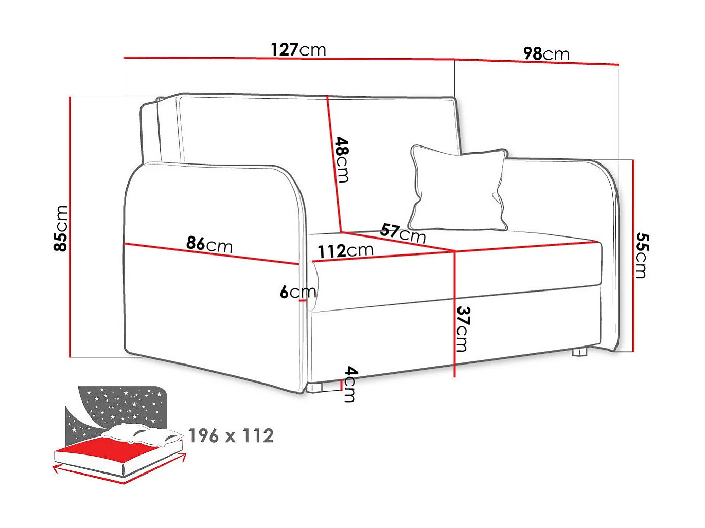 Sofá cama Columbus 124, Cama com arrumação, 9x13x10cm