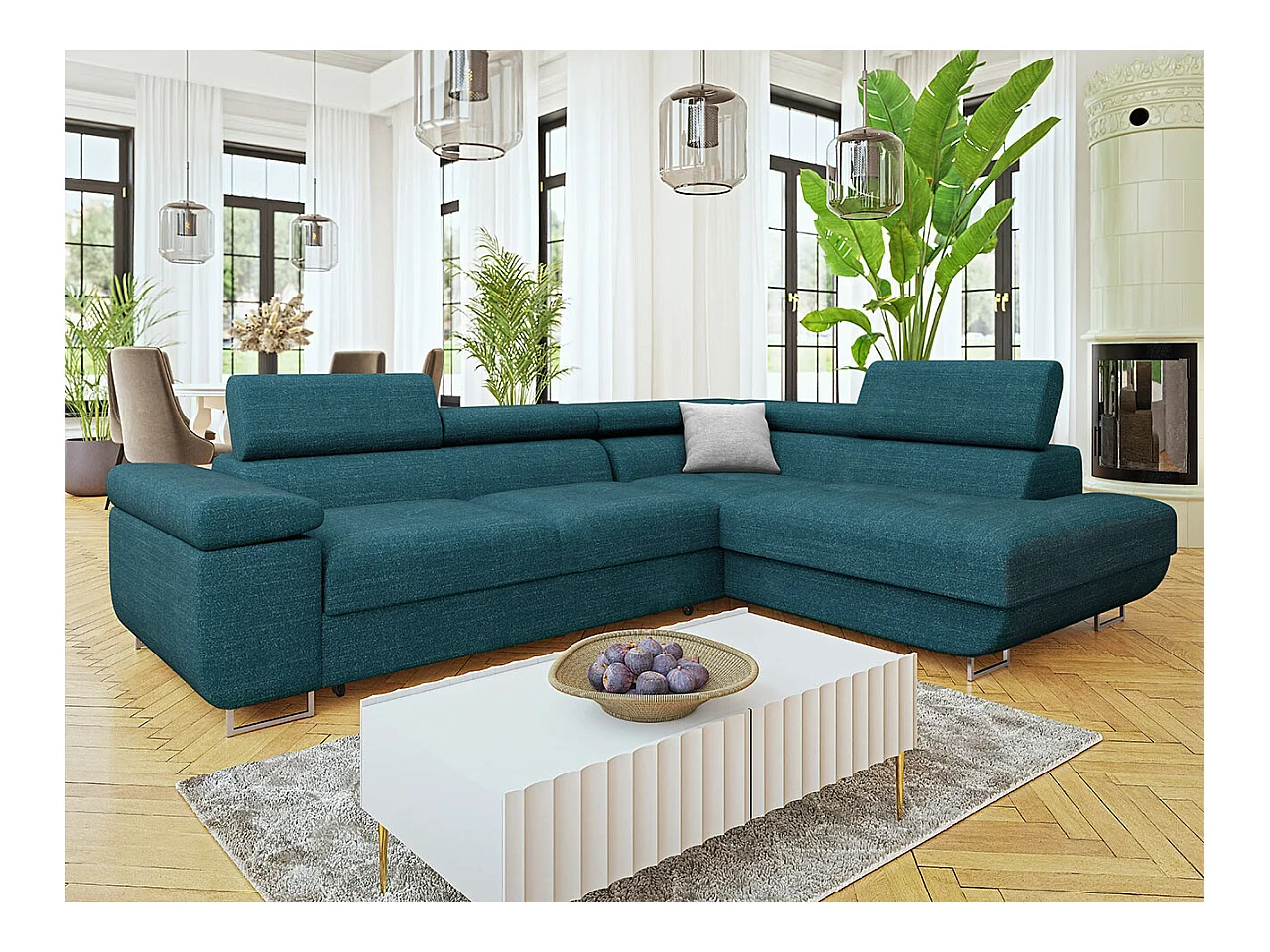 Canapé d'angle Comfivo Eliferu 101, Bleu, Fonction de couchage, Boîte de literie, 274cm