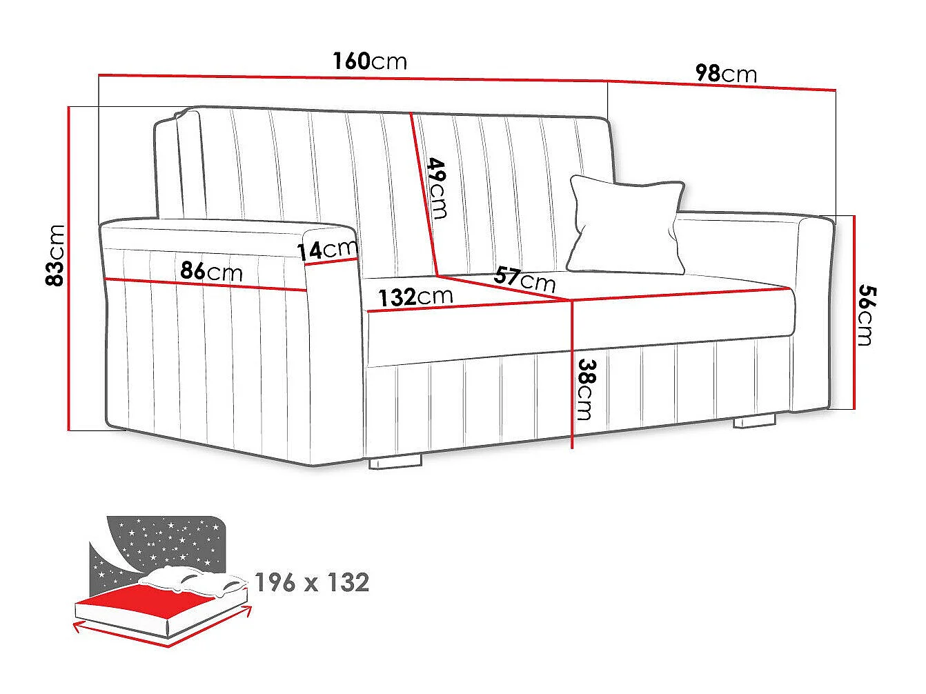 Sofá cama Orinen III, Almacenaje, Muebles ya montados, 8x16x10cm