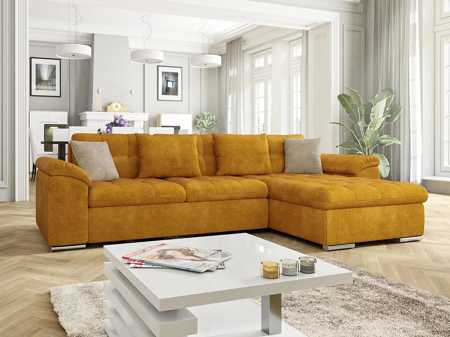 Sofá rinconero Comfivo Mica, Amarillo, Función de descanso, Almacenaje, 280x160x76cm