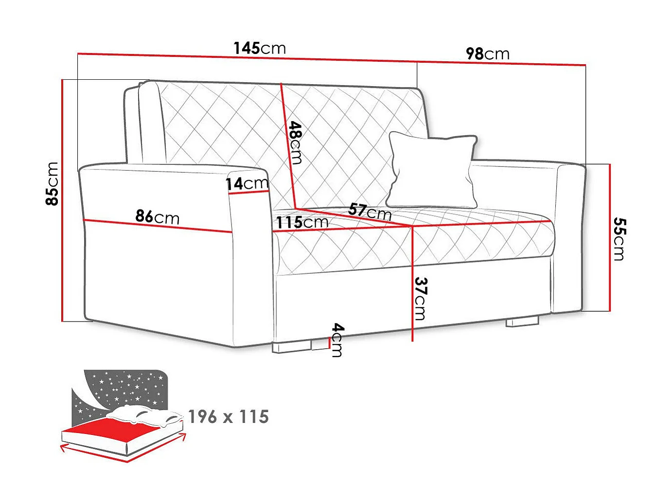 Sofá cama Columbus 146, Cama com arrumação, 9x15x10cm