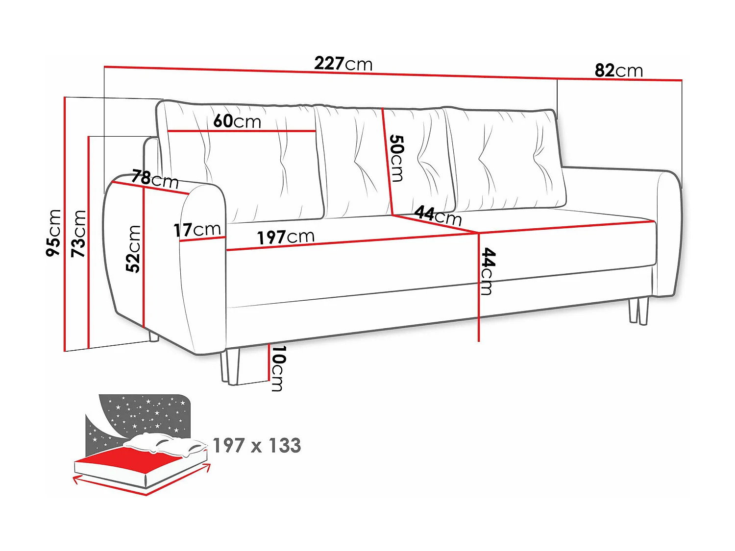 Sofá-cama Memphis 143, Almacenaje, 95x227x82cm