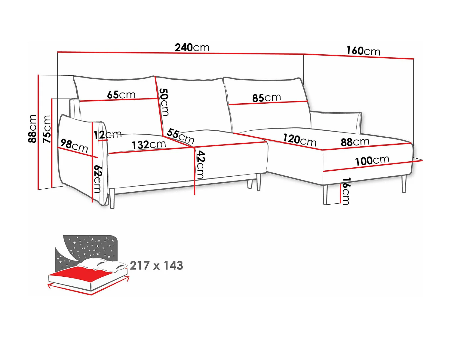 Sofá rinconero Columbus 224, Amarillo, Función de descanso, Almacenaje, 240x160x88cm