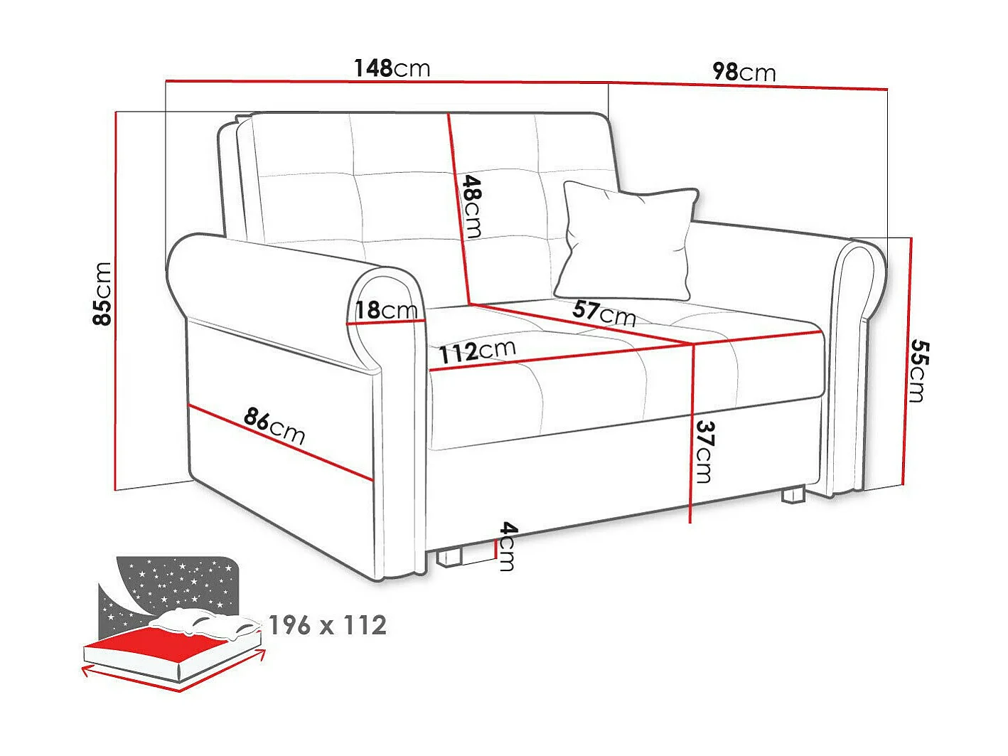 Sofá-cama Columbus 128, Almacenaje, 85x148x98cm, Muebles ya montados