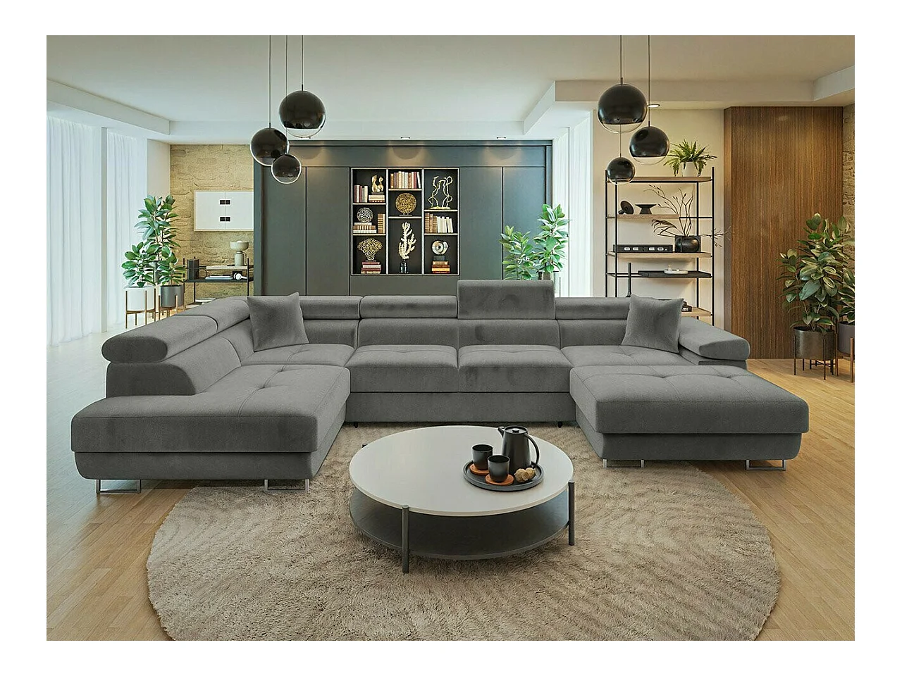 Canapé d'angle Comfivo Eliferu 103, Gris, Fonction de couchage, Boîte de literie, 346cm