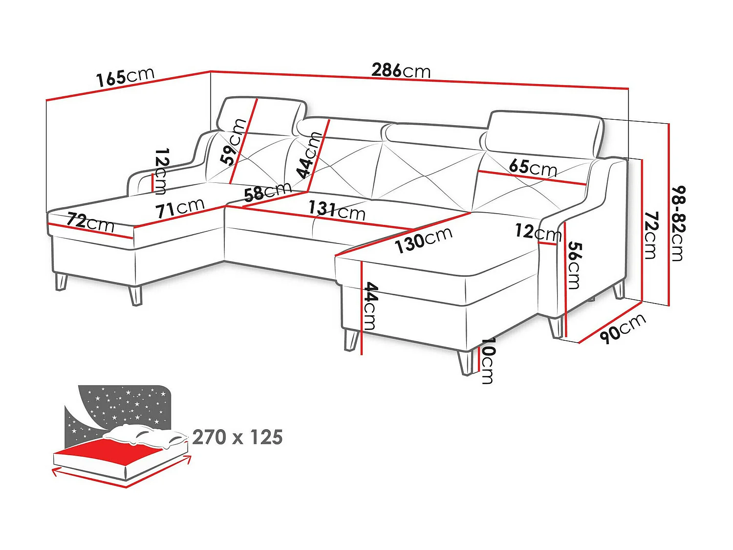 Sofá rinconero Temple 129, Verde, Función de descanso, Almacenaje, 286x165x82cm