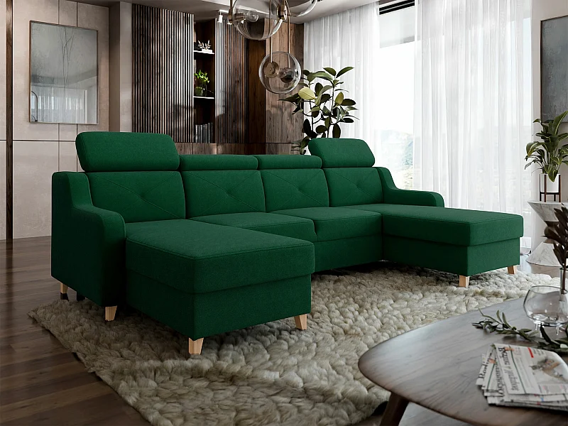 Sofá rinconero Temple 129, Verde, Función de descanso, Almacenaje, 286x165x82cm