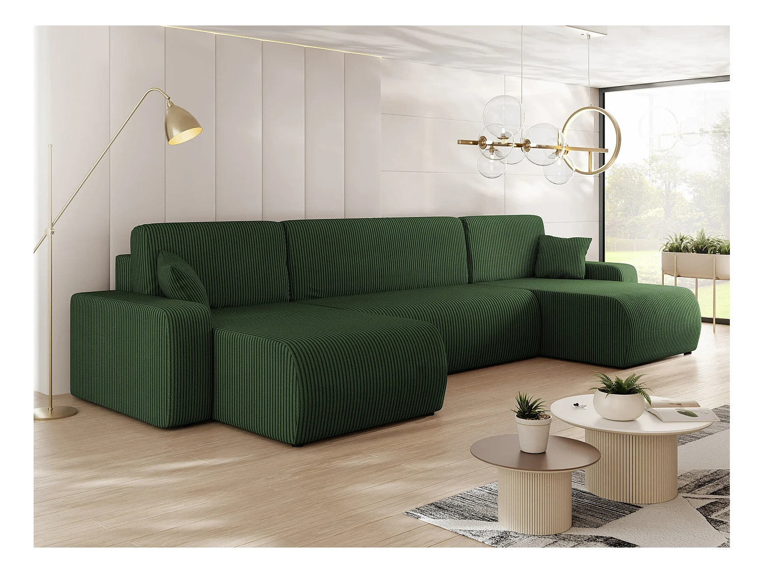 Canapé d'angle Shelton 103, Vert, Fonction de couchage, Boîte de literie, 312x145x82cm