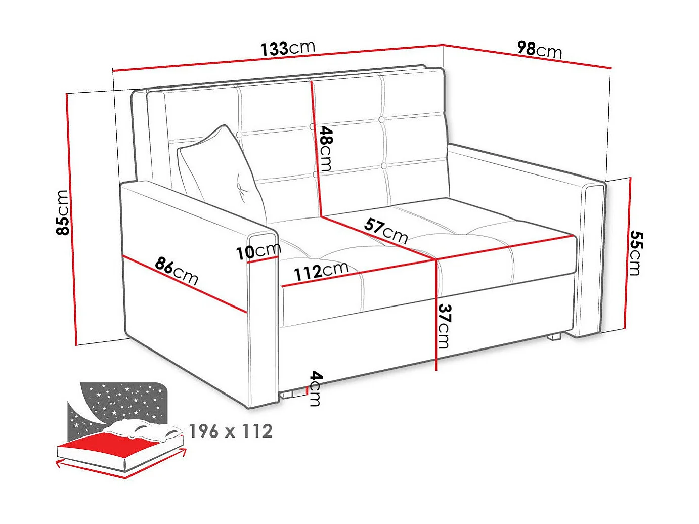 Sofá-cama Columbus 100, Almacenaje, 85x133x98cm, Muebles ya montados