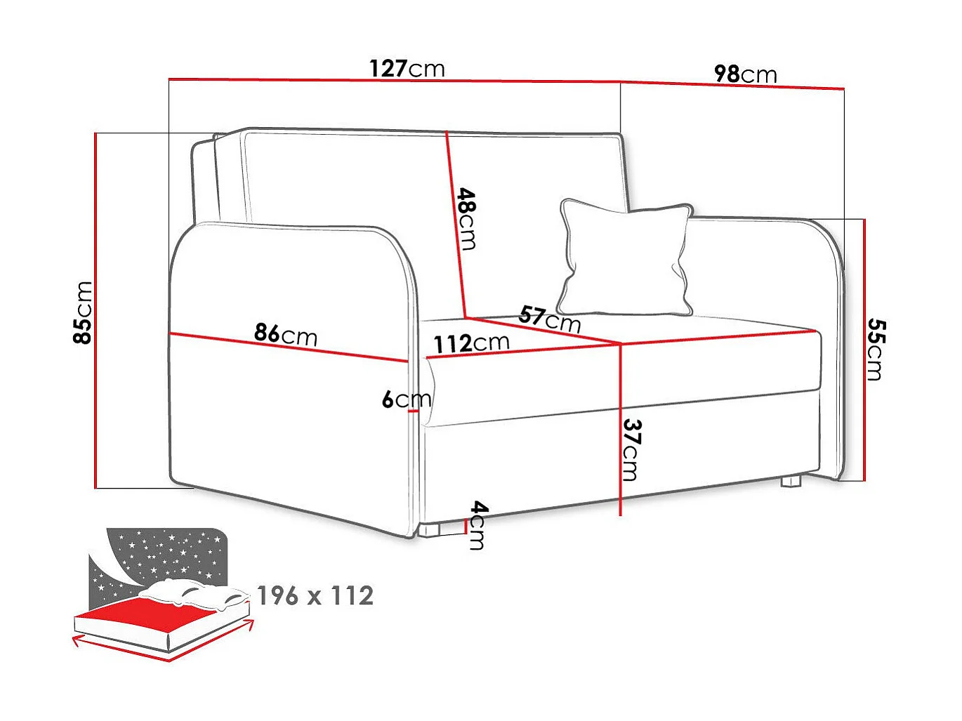 Canapé convertible Columbus 124, Disponible, 85x127x98cm, Mobilier déjà assemblé