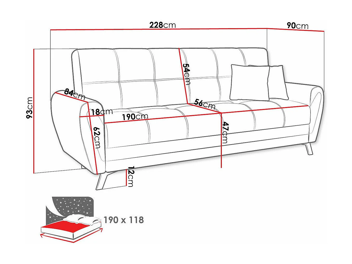 Sofá-cama Columbus 156, Cama com arrumação, 9x23x9cm