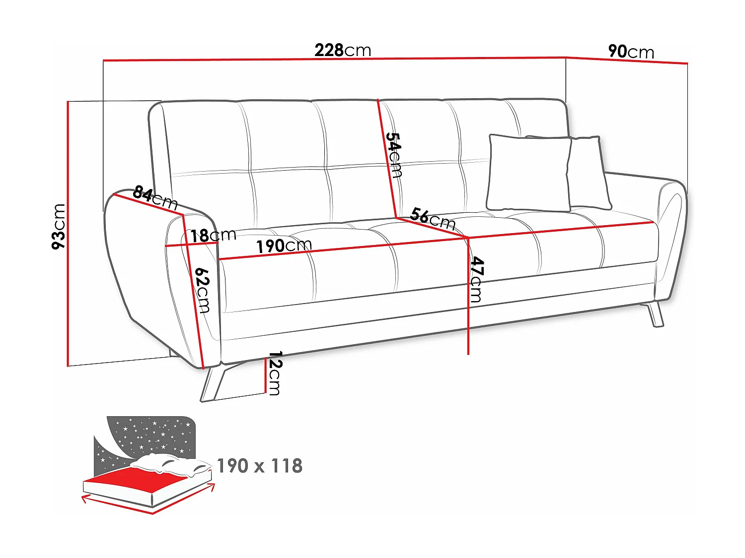 Canapé convertible Columbus 156, Disponible, 93x228x90cm