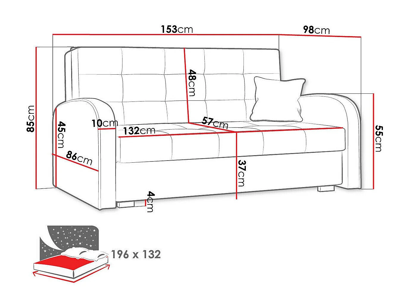 Sofá-cama Columbus 116, Almacenaje, 85x153x98cm, Muebles ya montados