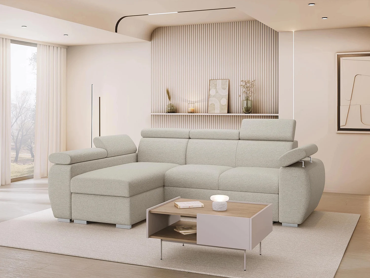 Canapé d'angle Columbus 132, Crème, Disponible, 255x170x85cm