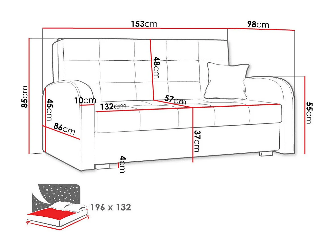 Canapé convertible Columbus 116, Disponible, 85x153x98cm, Mobilier déjà assemblé