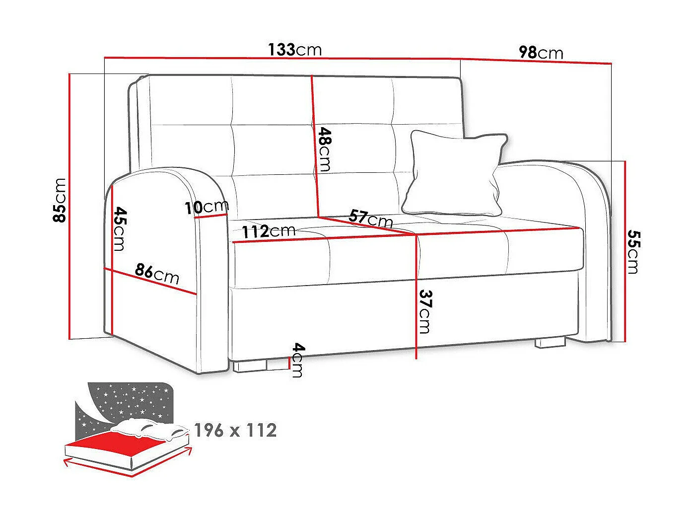 Canapé convertible Columbus 115, Disponible, 85x133x98cm, Mobilier déjà assemblé