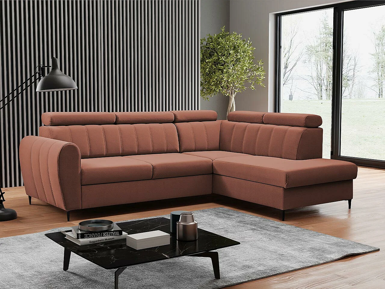 Sofá rinconero Temple 125, Rosa, Función de descanso, Almacenaje, 264x200x90cm