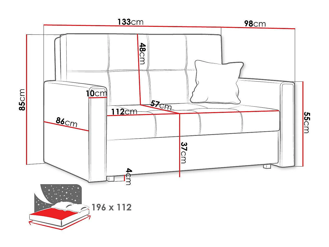 Sofá cama Nuvora II, Almacenaje, Muebles ya montados, 9x13x10cm