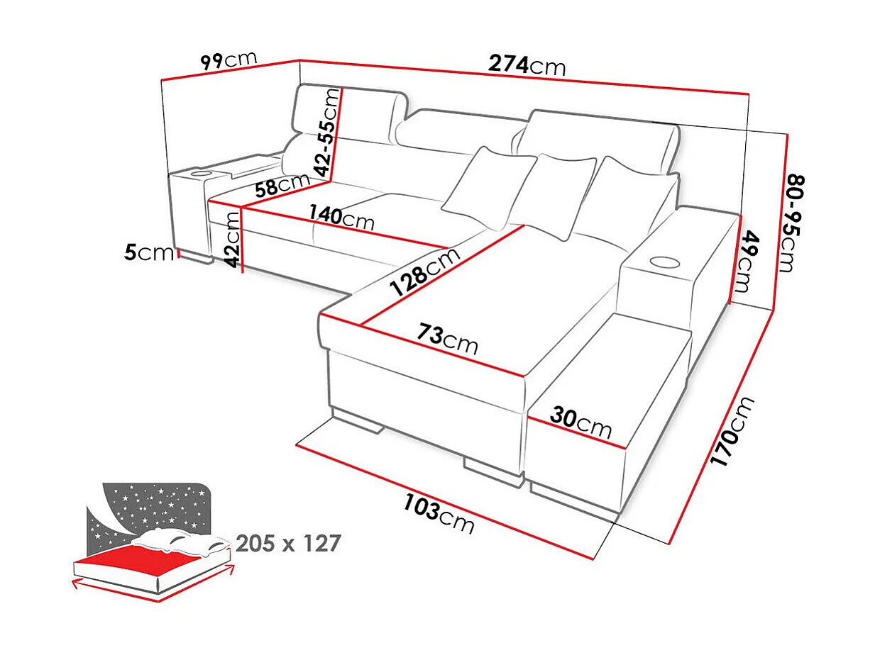 Canapé d'angle Pearland 103, Gris, Disponible, 274x170x80cm