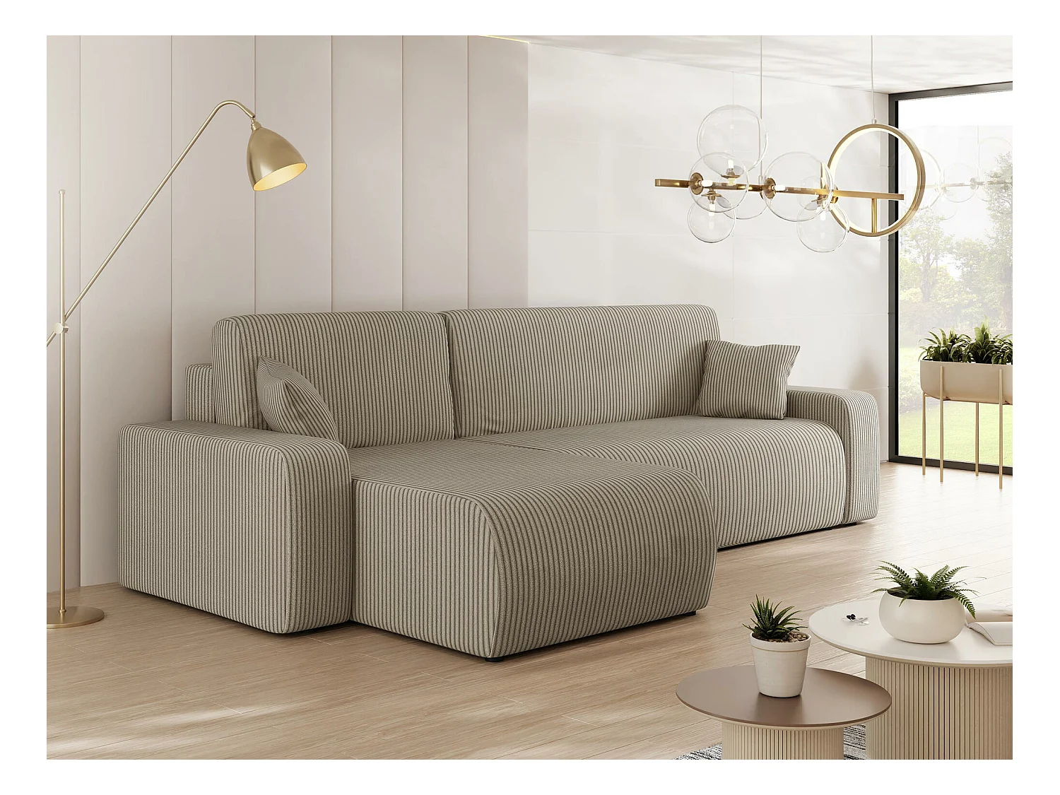 Canapé d'angle Shelton 102, Brun clair, Fonction de couchage, Boîte de literie, 244x145cm
