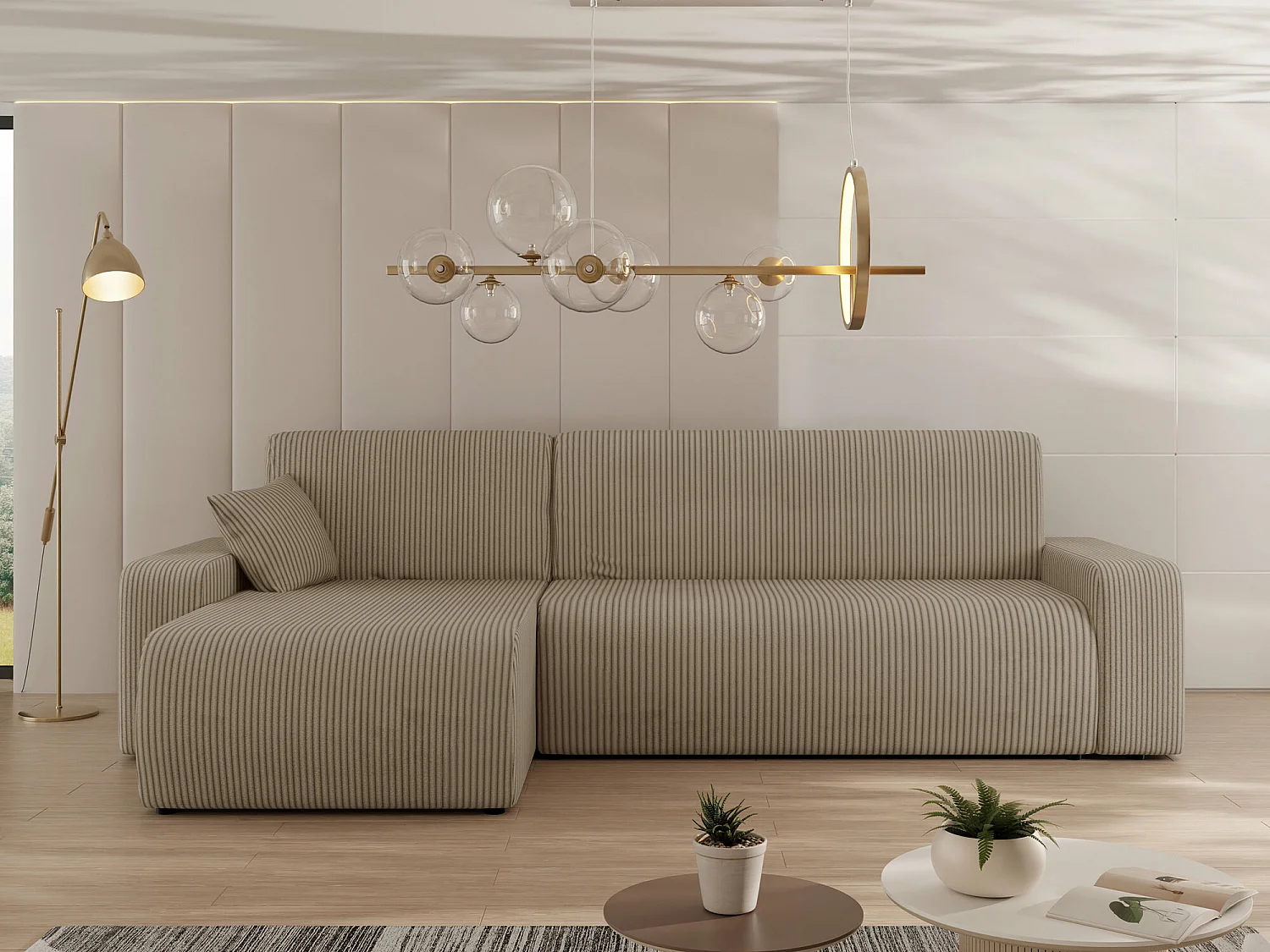 Sofá rinconero Shelton 102, De color marrón claro, Función de descanso, Almacenaje, 244cm