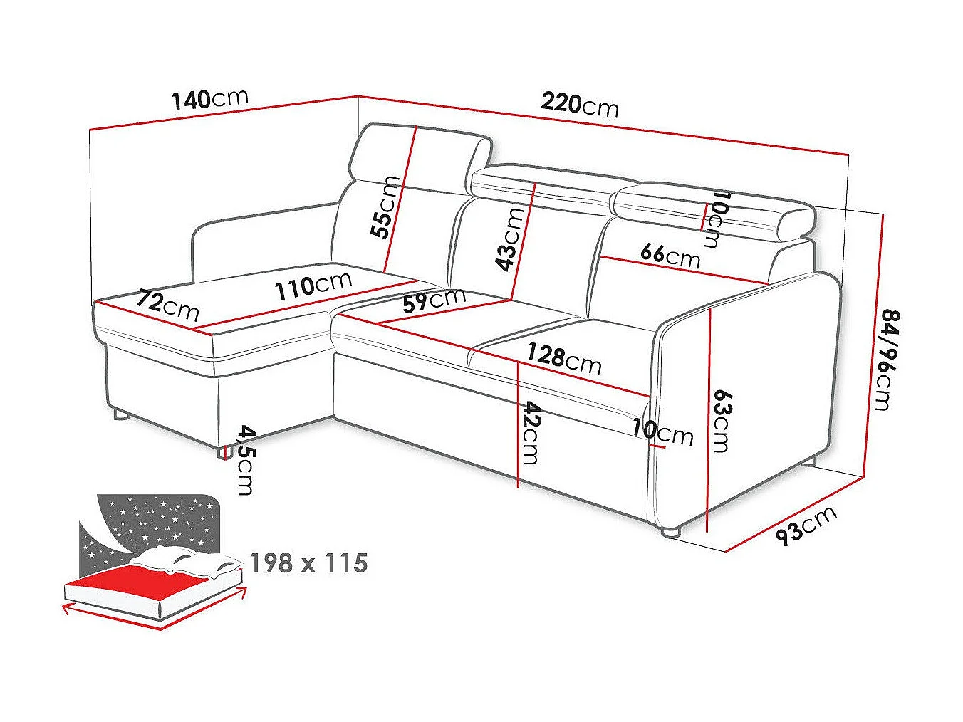 Sofá rinconero Temple 127, Negro, Función de descanso, Almacenaje, 220x140x84cm