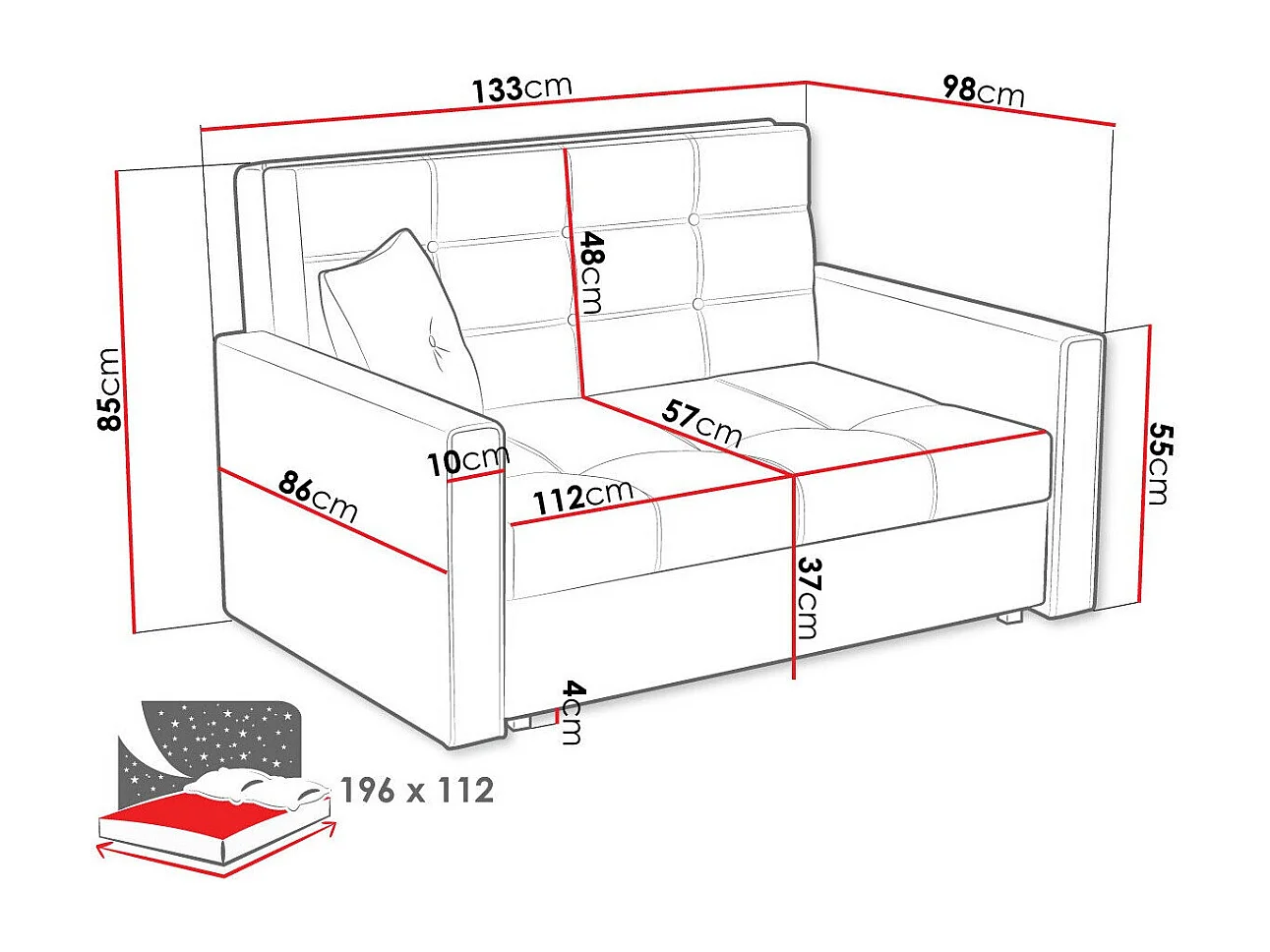 Canapé convertible Columbus 100, Disponible, 85x133x98cm, Mobilier déjà assemblé