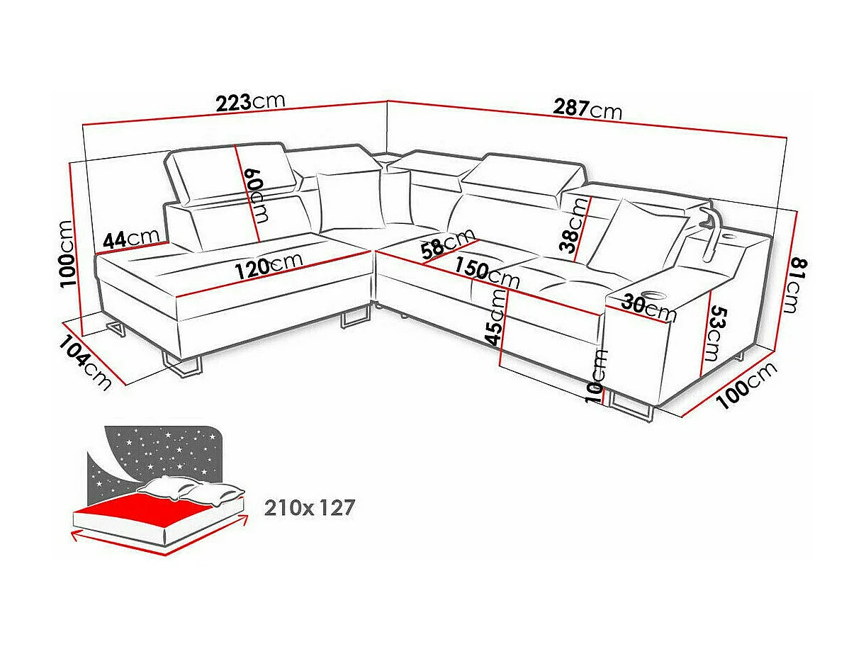 Canapé d'angle Sarasota 138, Noir, Fonction de couchage, Boîte de literie, 287x223x100cm