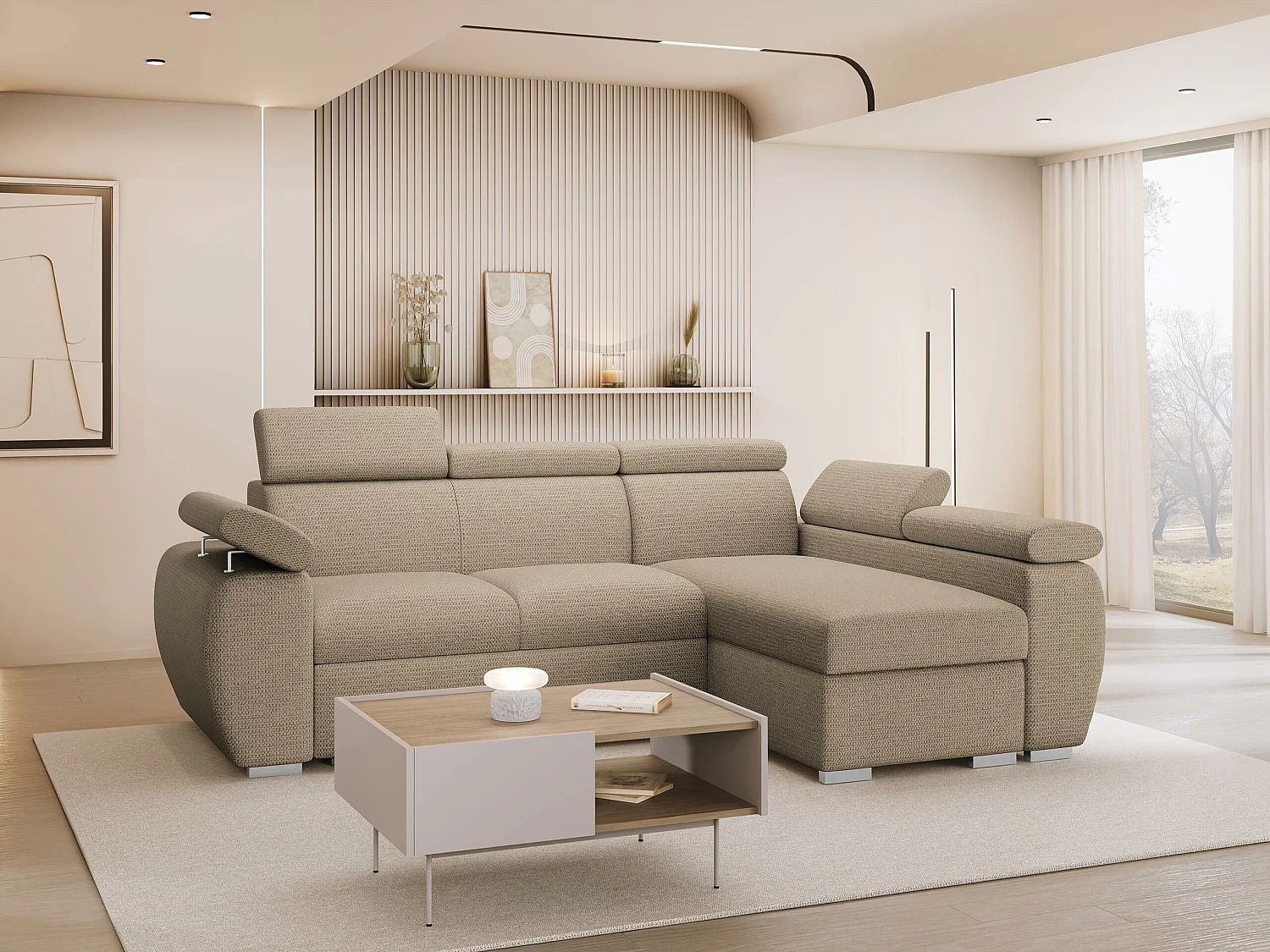 Canapé d'angle Columbus 132, Brun clair, Disponible, 255x170x85cm