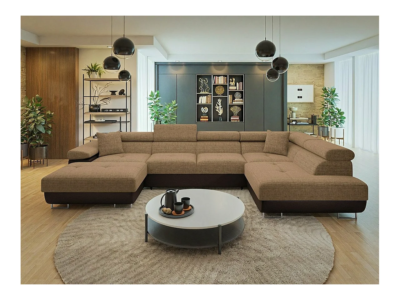 Canapé d'angle Comfivo Eliferu 103, Marron, Fonction de couchage, Boîte de literie, 346cm