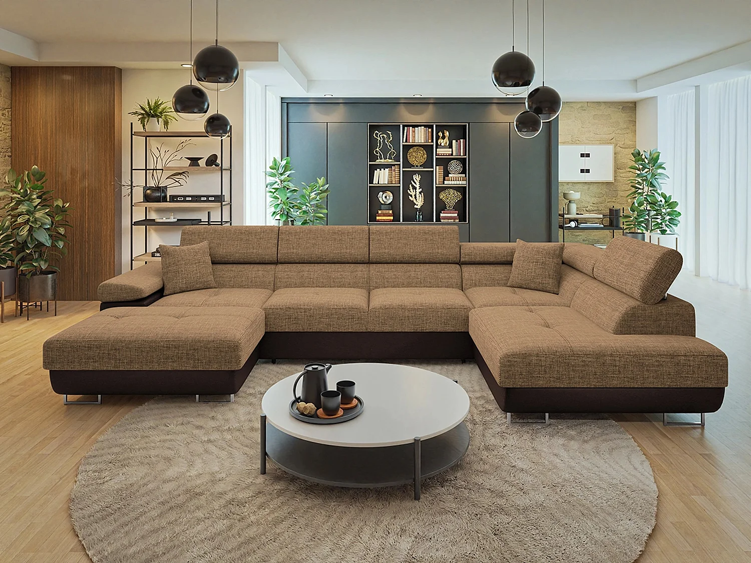 Sofá rinconero Comfivo Vinetum III, Marrón, Función de descanso, Almacenaje, 346x203x70cm