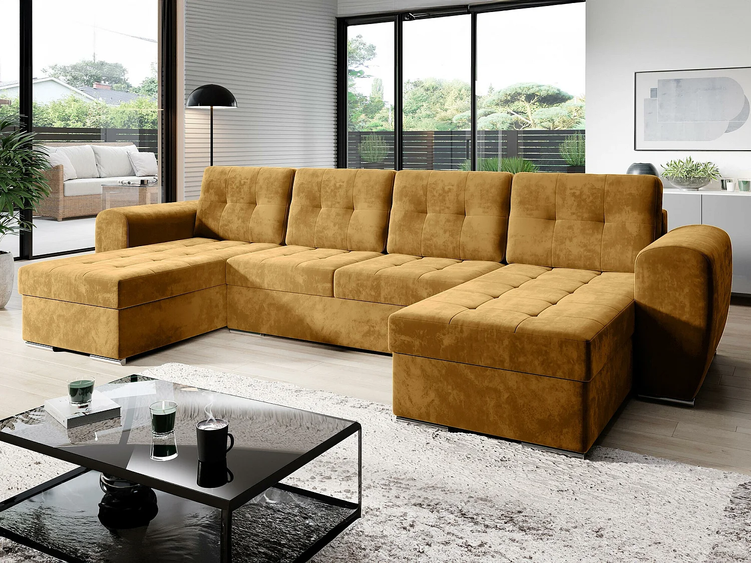 Canapé d'angle Arvada 117, Jaune, Fonction de couchage, Boîte de literie, 326x157x97cm