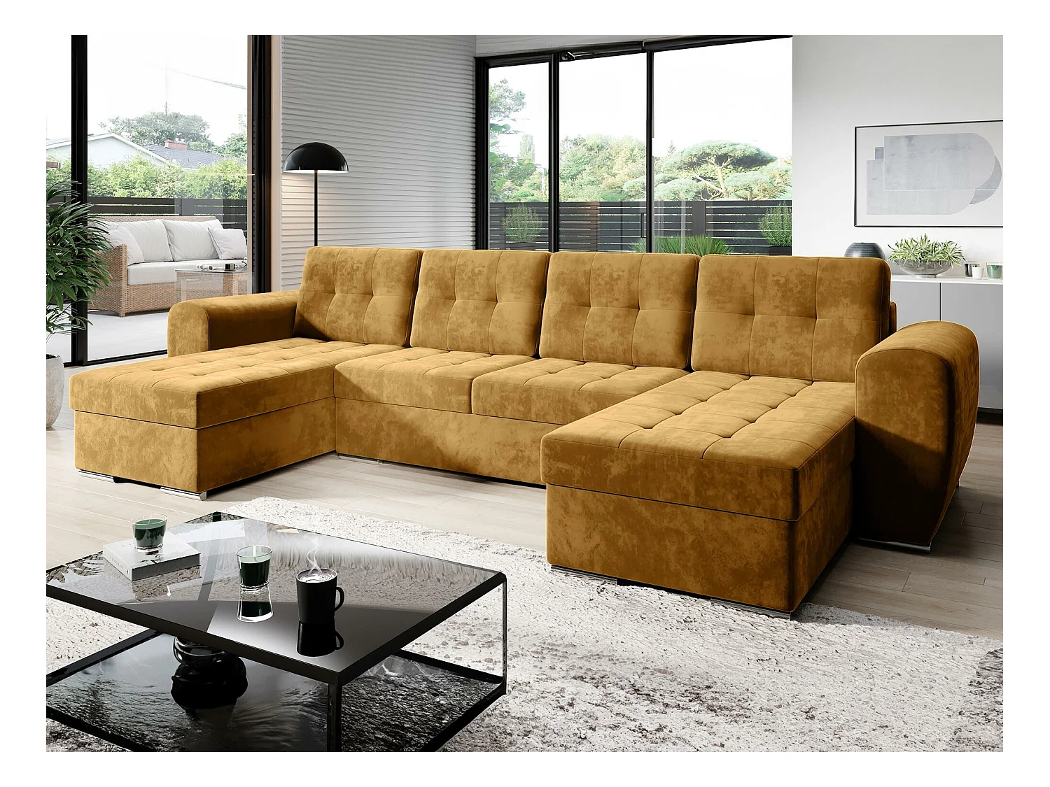 Canapé d'angle Arvada 117, Jaune, Fonction de couchage, Boîte de literie, 326x157x97cm