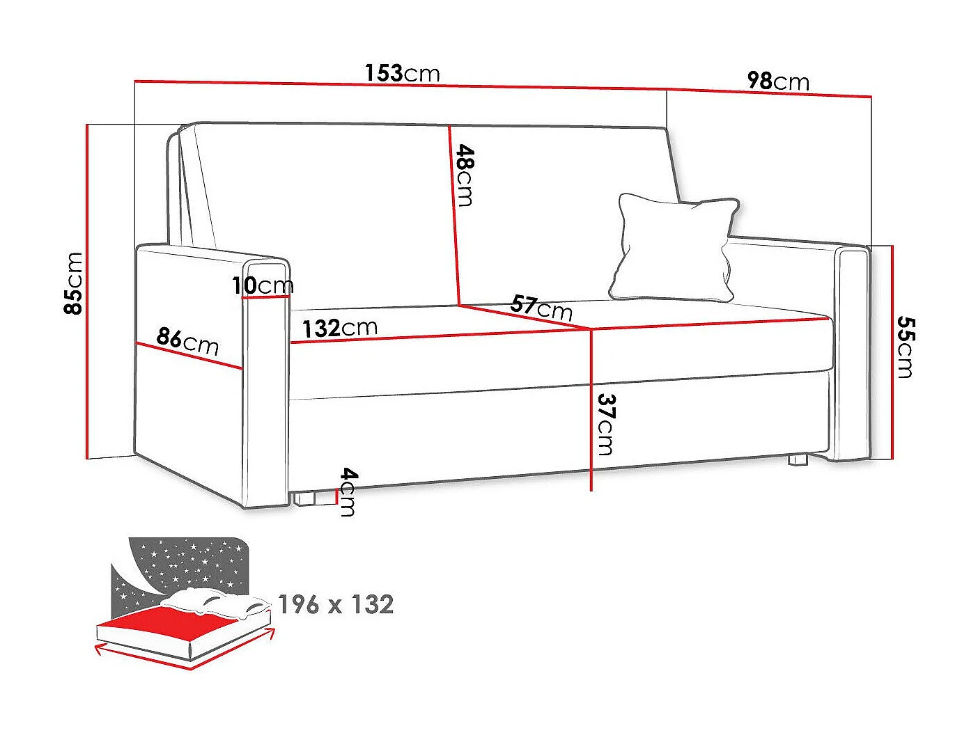 Sofá-cama Columbus 188, Almacenaje, 85x153x98cm, Muebles ya montados