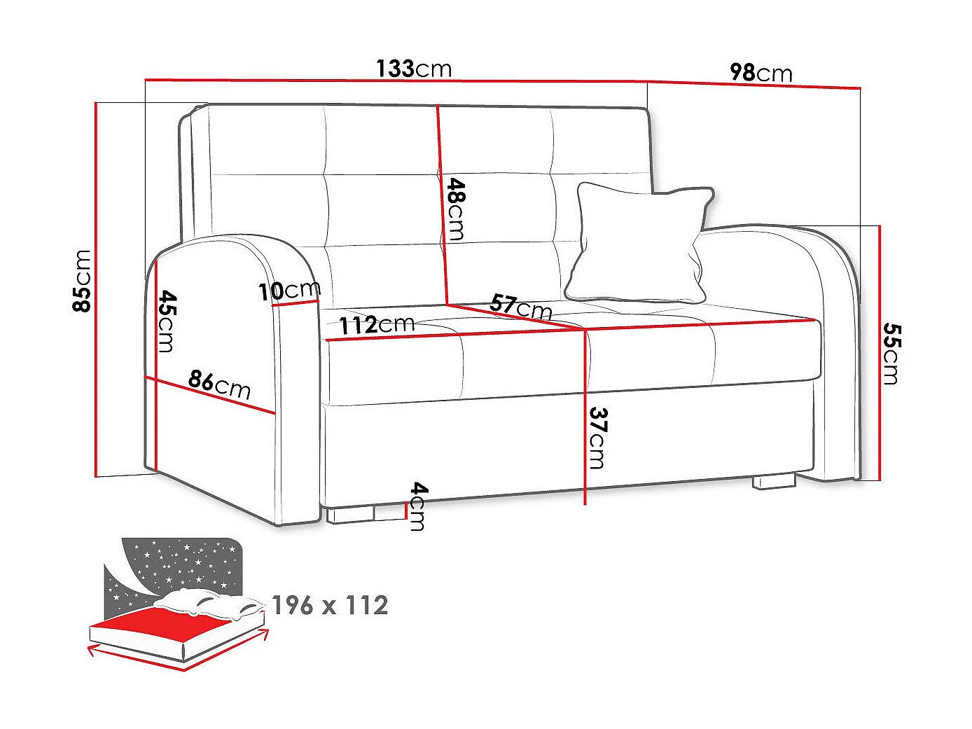 Canapé convertible Columbus 115, Disponible, 85x133x98cm, Mobilier déjà assemblé