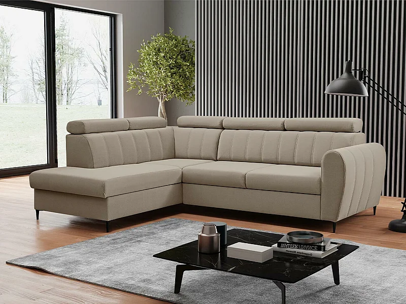 Sofá rinconero Temple 125, De color marrón claro, Función de descanso, Almacenaje, 264cm