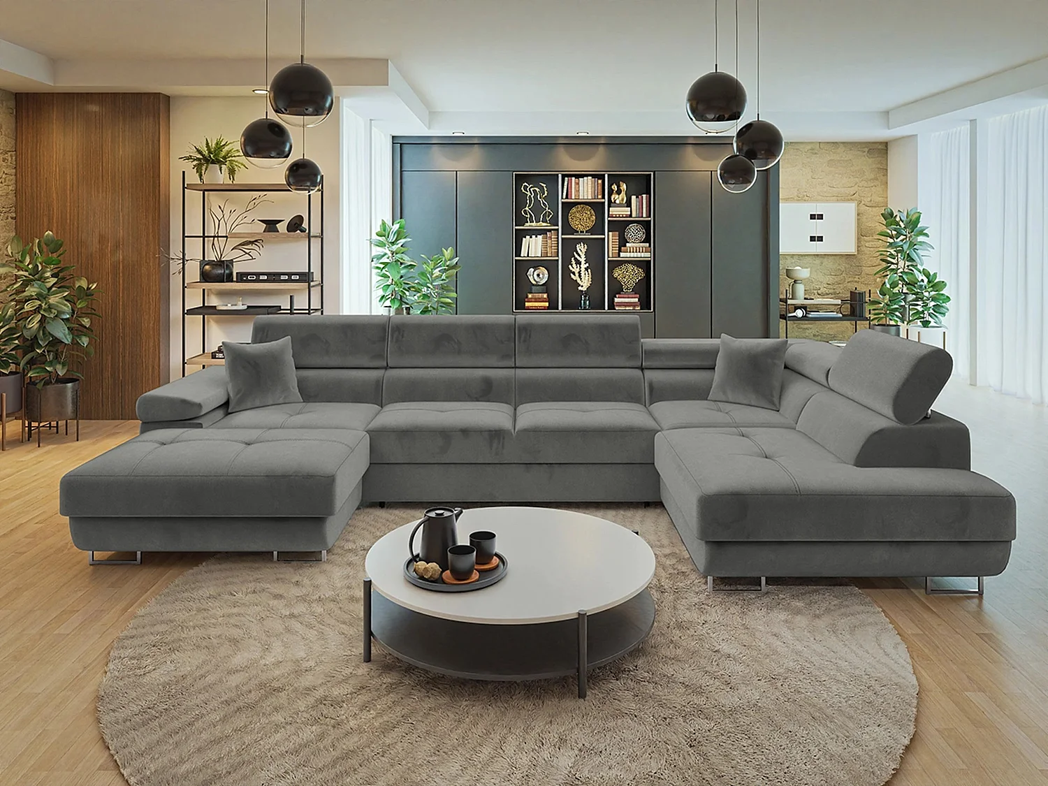 Sofá rinconero Comfivo Vinetum III, Gris oscuro, Función de descanso, Almacenaje, 346cm